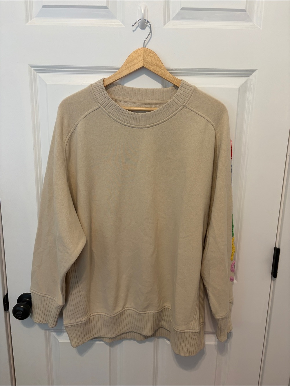 aerie Beige Crewneck Sweatshirt with Colorful Sleeve Details CHEERS